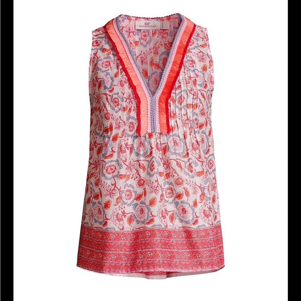 Vineyard Vines Top Women size L, Red Frangipani Floral Pintuck Fringe Sleeveless